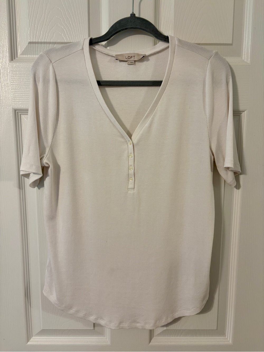 LOFT White Ribbed Henley Top Women’s L Modal Stretch Short Sleeve